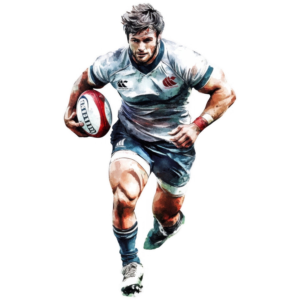 rugby player, sports, athletic, masculine, action, watercolor, portrait, navy blue, red, white, teal, cream, abstract watercolor, modern, contemporary, men's interest, hobby themed, indoor sports, team sports, strength, dynamic motion, painted effect, impressionist style, realistic portrayal, gift fabric, home decor, novelty print
