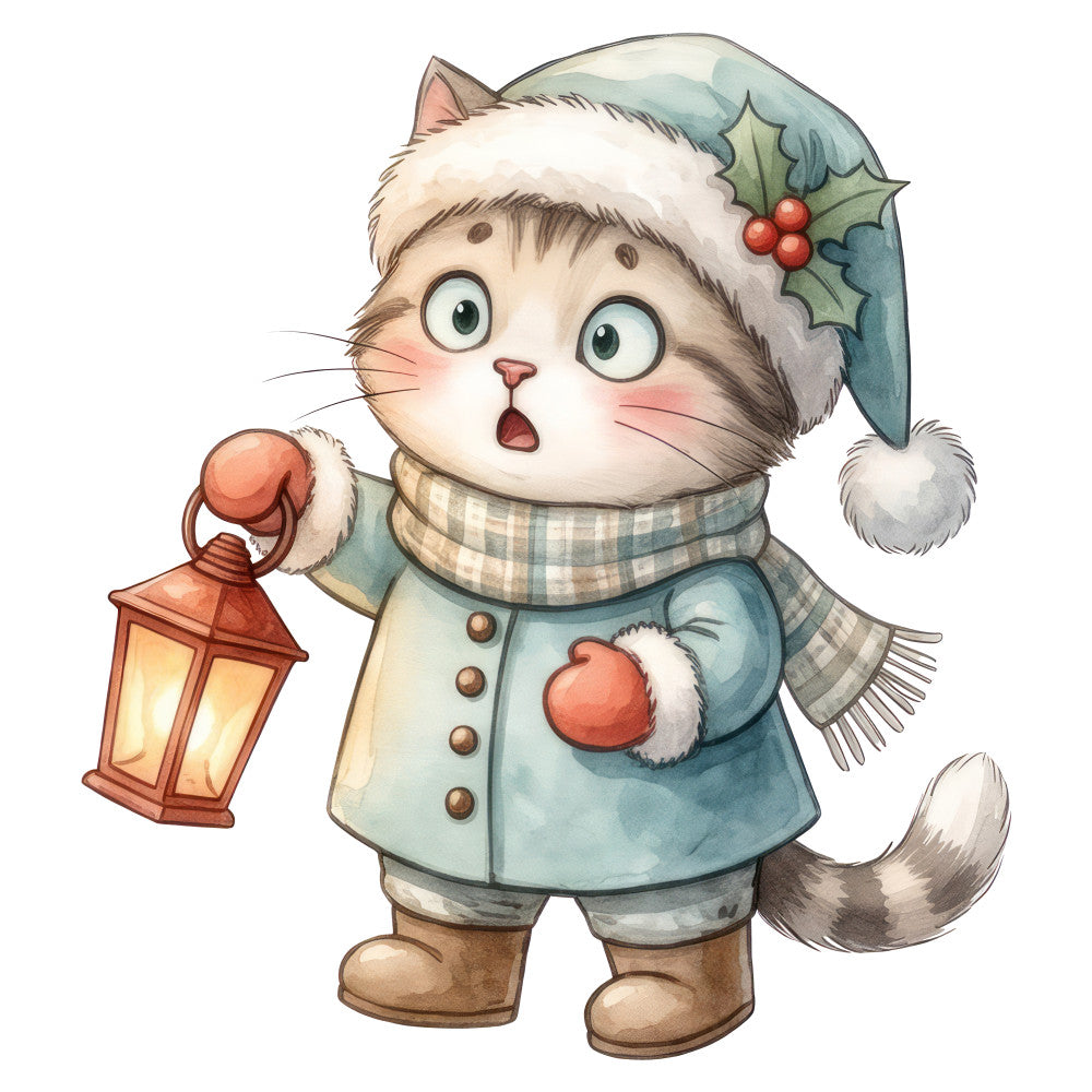 cat, christmas, holiday, winter, festive, snow, lantern, cute animals, whimsical, children's, baby, soft colors, sage green, dusty blue, cream, coral, striped scarf, plaid, holly berries, santa hat, cozy, charming, illustration, storybook, vintage, warm tones, seasonal, animal characters, decorative panel, kids fabric