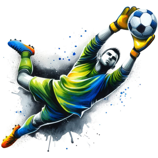 sports, soccer, goalkeeper, action, dynamic, athletic, blue, yellow-green, lime green, gold, orange, abstract, splatter, watercolor, modern, energetic, masculine, boys, men, sports themed, football, goal keeper, diving catch, motion, vibrant, contemporary, illustrated, artistic