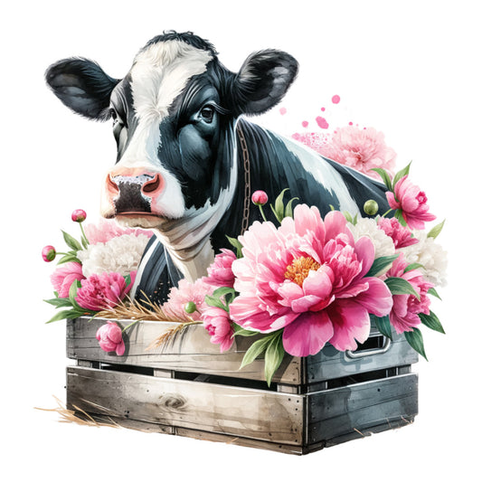 black and white cow, pink peonies, floral arrangement, wooden crate, watercolor style, farm animal, holstein cow, pink flowers, green leaves, rustic box, botanical design, dairy cow, pastoral scene, soft pastels, country charm, fabric panel, quilting cotton, farmhouse aesthetic, spring blooms, whimsical illustration