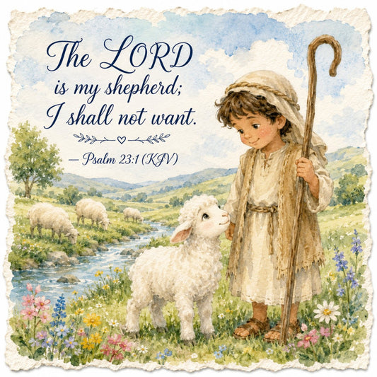 psalm 23, shepherd, religious, inspirational, scripture, sheep, lamb, pastoral, countryside, meadow, stream, wildflowers, vintage illustration, soft watercolor, sky blue, cream, sage green, golden yellow, coral pink, whimsical, charming, gentle, peaceful, nature scene, children's, baby quilt, wall hanging, spiritual, faith-based, classic