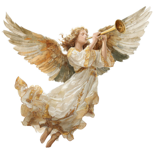 angel, trumpet, wings, gold, cream, white, brown, religious, nativity, heavenly, flowing robes, baroque style, renaissance art, fabric panel, quilting cotton, christmas, holiday, spiritual, ornate details
