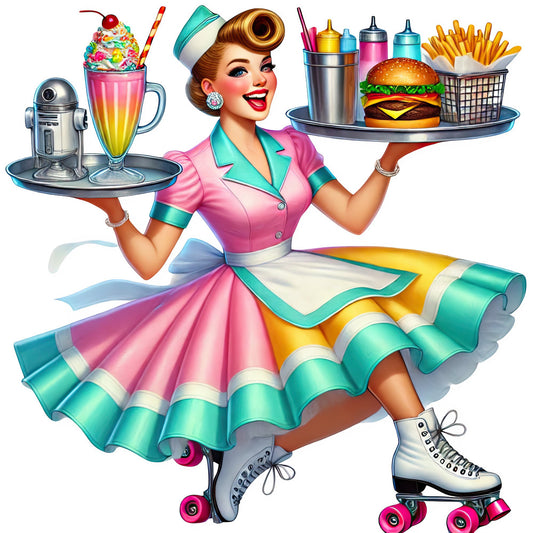 retro, vintage, 1950s, roller skates, waitress, diner, turquoise, hot pink, magenta, coral pink, white, yellow, gold, mint green, teal, cheerful, whimsical, novelty, food, milkshakes, hamburgers, french fries, fast food, ice cream, kitsch, mid-century modern, nostalgic, fun, playful, cheerleader