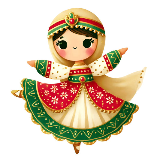 cream, gold, forest green, red, festive, doll, matryska, russian nesting doll, whimsical, folk art, traditional, cultural, ethnic, ornamental, decorative, holiday, winter, embellished, beaded, floral motifs, geometric patterns, jewel tones, vintage, children's, novelty, statement piece, wall hanging, home decor, international, cultural costume