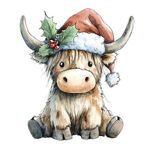 Vintage Christmas Highland Cows Fabric Panel 6
