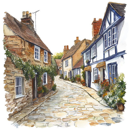 watercolor painting, english village, cobblestone street, tudor architecture, half-timbered houses, stone cottages, fabric panel, quilting cotton, earth tones, brown rooftops, white walls, blue window frames, potted flowers, ivy covered walls, countryside scene, medieval buildings, rustic charm, pastoral landscape, european village, chimney stacks