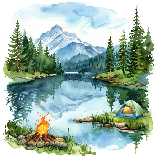 watercolor painting, summer landscape, mountain scenery, alpine lake, camping tent, campfire, evergreen trees, pine forest, blue mountains, reflective water, outdoor adventure, nature scene, wilderness camping, fabric panel, quilting cotton, serene lake, forest green, sky blue, orange flames, peaceful setting