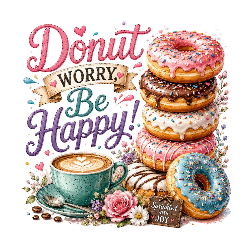 donut worry be happy, pink, purple, blue, turquoise, chocolate brown, cream, colorful sprinkles, whimsical, cheerful, inspirational, motivational, coffee, pastries, donuts, flowers, roses, daisies, hearts, floral, food theme, bakery, sweet treats, coffee cup, latte art, joy, happiness, fun, playful, illustrated