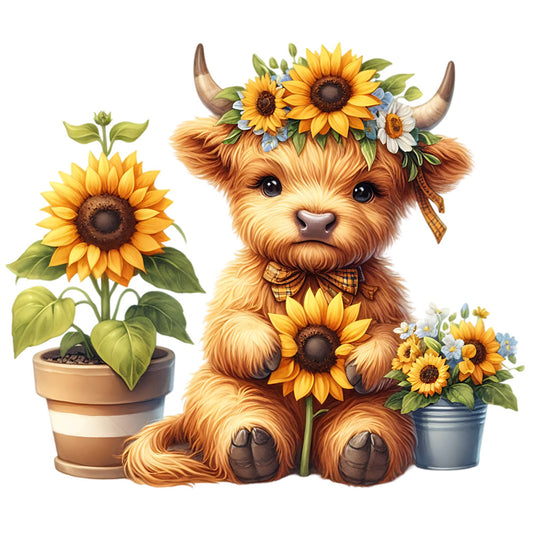 Sunflower Highland Cows Fabric Panel 9 showing a cute highland cow with sunflowers and floral crown on premium cotton fabric.