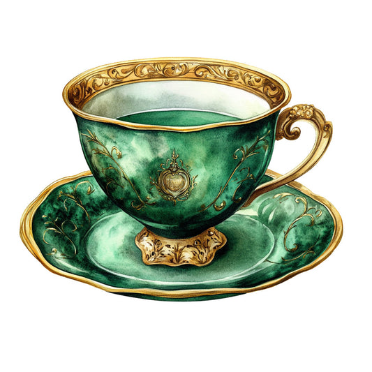 emerald green, forest green, gold, golden accents, vintage teacup, tea cup, ornate, elegant, traditional, floral scrolls, botanical, decorative filigree, ornamental, luxury, damask, sophisticated, classic, timeless, tableware, tea time, victorian, ornamental leaves, scrollwork, detailed pattern, refined style, high tea, gilded details, saucer, teapot theme