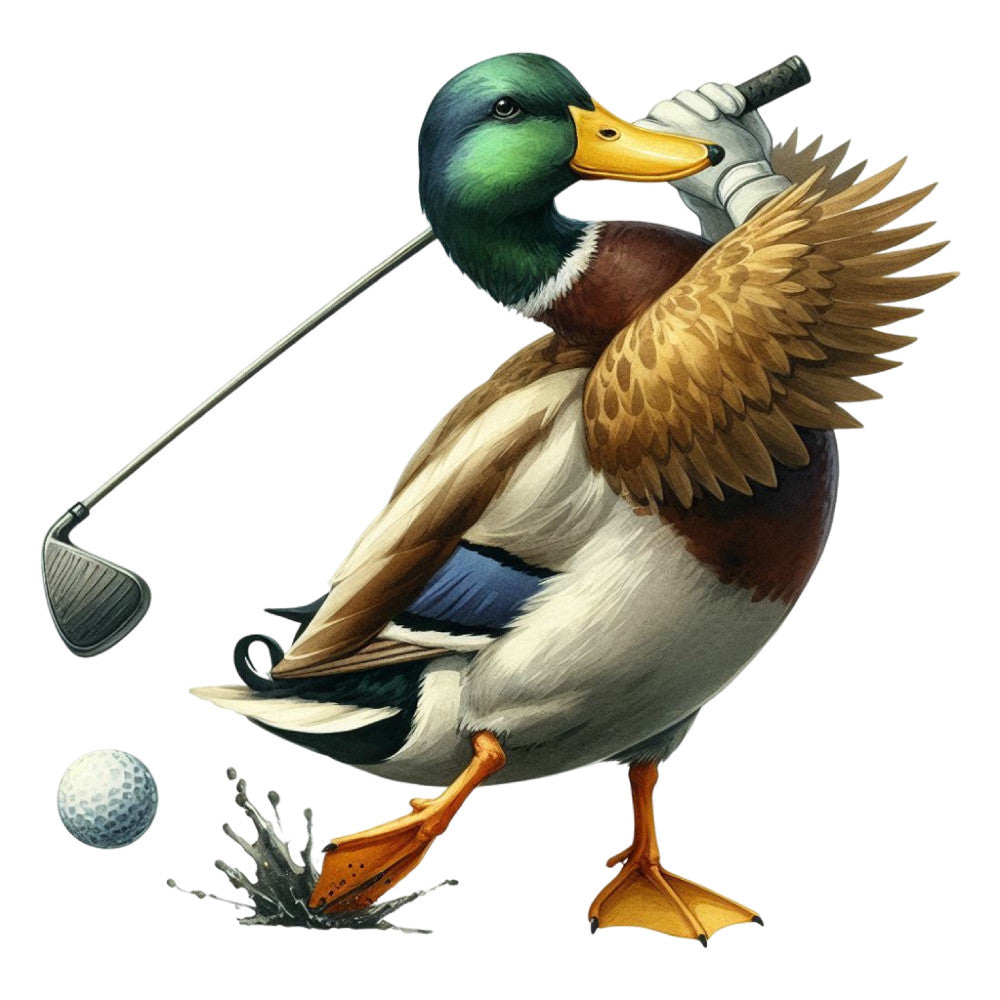 golf duck, mallard duck, emerald green, golden brown, cream white, navy blue, orange yellow, sports themed, whimsical, humorous, animal motifs, waterfowl, golf clubs, golf balls, sporting goods, vintage style, playful, masculine, novelty print, nature inspired, outdoor recreation, leisure activities, preppy style, traditional, decorative panel, wall art, golf enthusiast gift, pond life, iridescent feathers, athletic wear