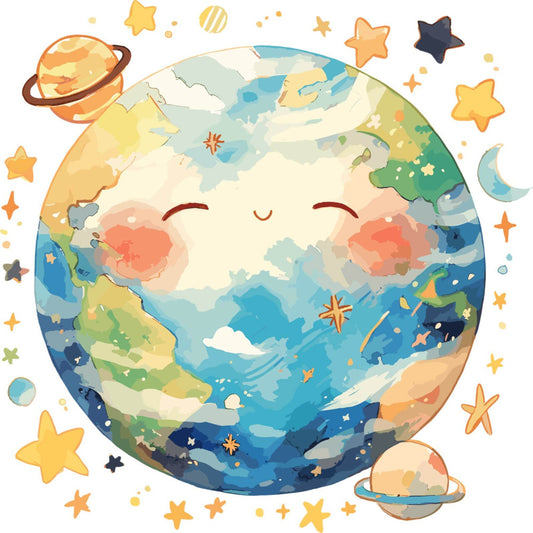 celestial, space, earth, planet, stars, whimsical, cute, kawaii, children's, baby, nursery, educational, geography, world map, cosmic, dreamy, soft colors, pastel, cream, soft blue, teal, coral pink, golden yellow, sage green, crescent moon, starfish, planets, sleeping earth, smiling face, gentle