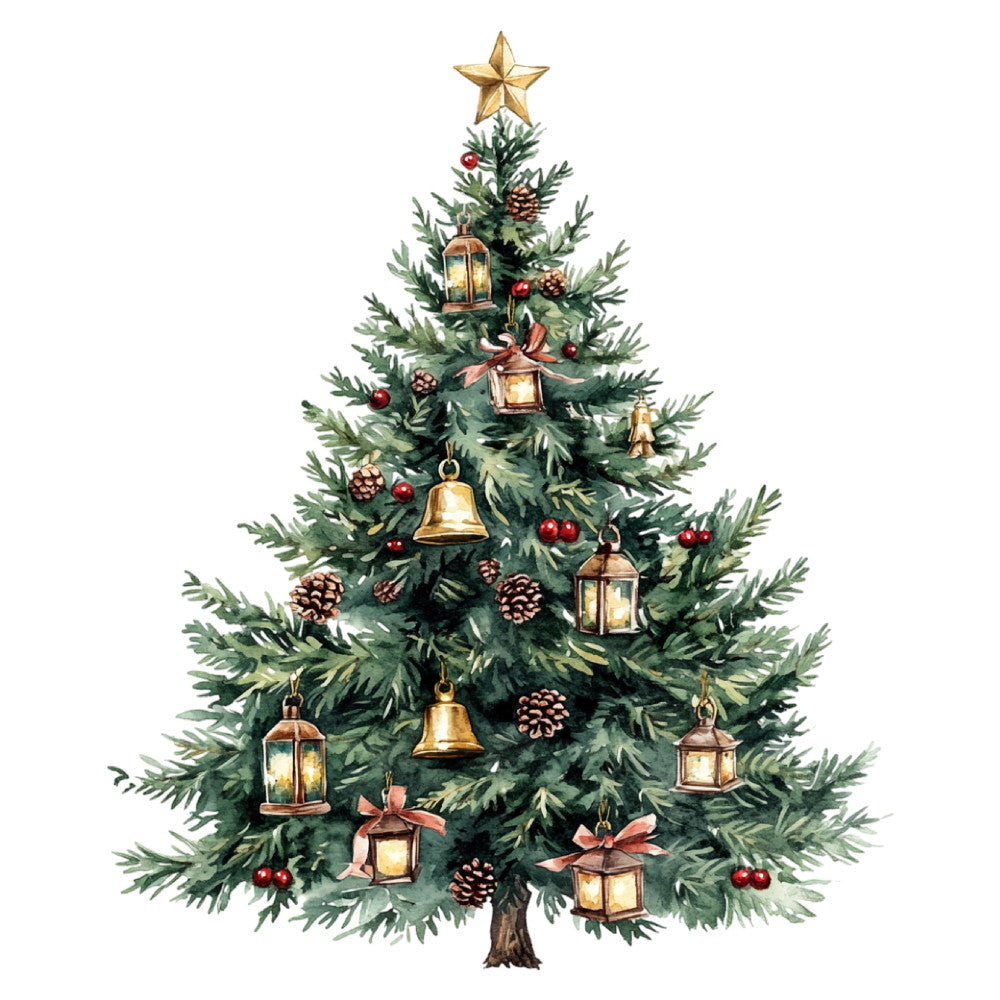 forest green, gold, red, cream, vintage christmas, holiday, traditional, elegant, rustic, nature, evergreen tree, pine cones, lanterns, bells, stars, ribbons, berries, festive, seasonal, winter, christmas tree, decorative, whimsical, botanical, metallic gold, warm tones, classic holiday, victorian style, ornamental