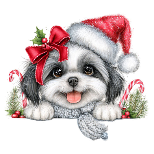 cute puppy, shih tzu, black and white dog, christmas, holiday, red santa hat, festive, candy canes, holly, red ribbon, bow, peppermint, winter, red and white, gray and white, whimsical, playful, dog lover, pet themed, christmas decoration, seasonal, children's, sweet, cheerful, smiling dog, portrait, adorable animals, holiday decoration