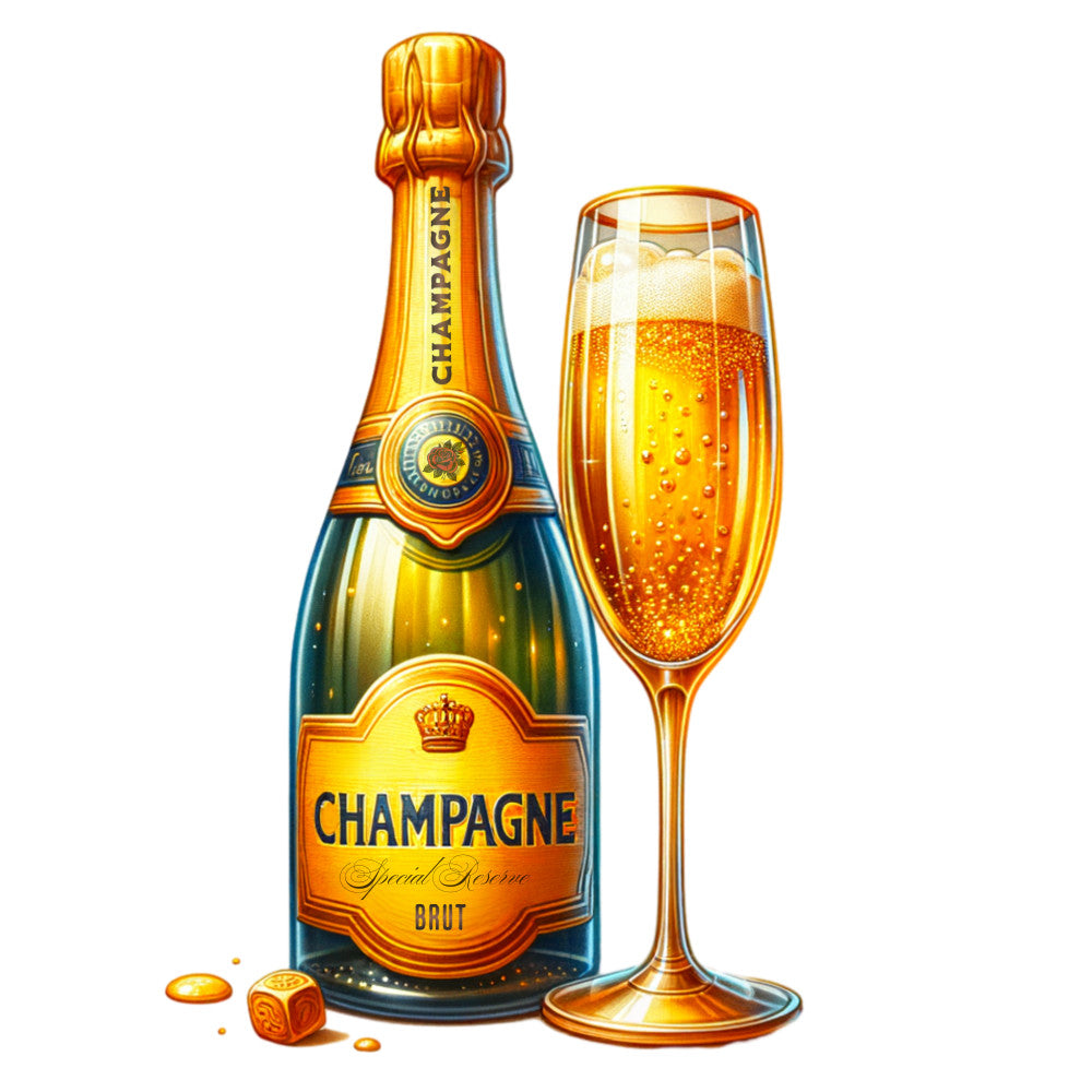 champagne bottle, wine glass, golden yellow, amber orange, teal blue, bubbles, fizzy drink, celebratory, luxury beverage, special reserve brut, cork top, elegant glassware, alcohol themed, fabric panel, quilting cotton, festive occasion, party motif, sparkling wine, toast celebration, premium spirits