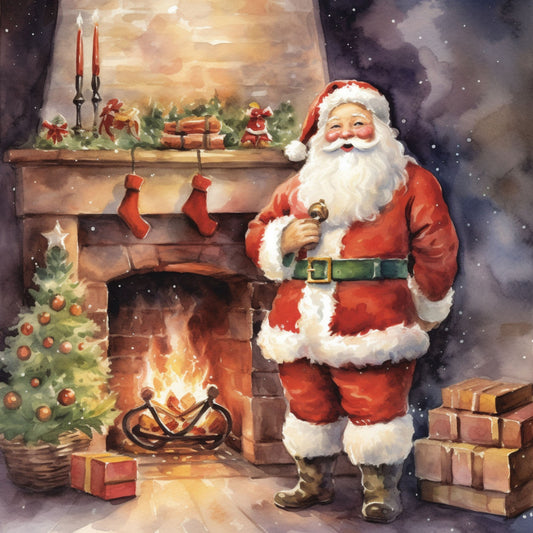 santa claus, christmas scene, fireplace, red suit, white beard, christmas stockings, christmas tree, wrapped gifts, candles, candlesticks, warm fire, snowing, winter scene, festive decorations, holly garland, fabric panel, quilting cotton, holiday themed, watercolor style, cozy atmosphere