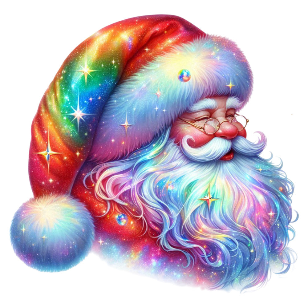 rainbow santa, multicolor santa claus, holographic santa, galaxy santa, celestial santa, sparkly santa, iridescent santa, christmas holiday, santa face, whimsical santa, magical santa, colorful christmas, rainbow gradient, pastel rainbow, red and blue, purple and pink, gold stars, starry design, festive holiday, christmas panel, jolly santa, bearded santa, vintage santa style, whimsical christmas, enchanted holiday, sparkle and shine, rainbow christmas, magical holiday, retro santa, cheerful santa