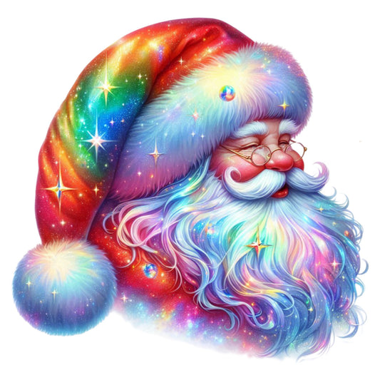 rainbow santa, multicolor santa claus, holographic santa, galaxy santa, celestial santa, sparkly santa, iridescent santa, christmas holiday, santa face, whimsical santa, magical santa, colorful christmas, rainbow gradient, pastel rainbow, red and blue, purple and pink, gold stars, starry design, festive holiday, christmas panel, jolly santa, bearded santa, vintage santa style, whimsical christmas, enchanted holiday, sparkle and shine, rainbow christmas, magical holiday, retro santa, cheerful santa