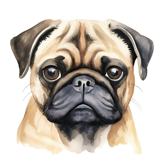 Watercolor Pug Fabric Panel 12 features a detailed, hand-painted style pug face printed on premium quilting cotton.