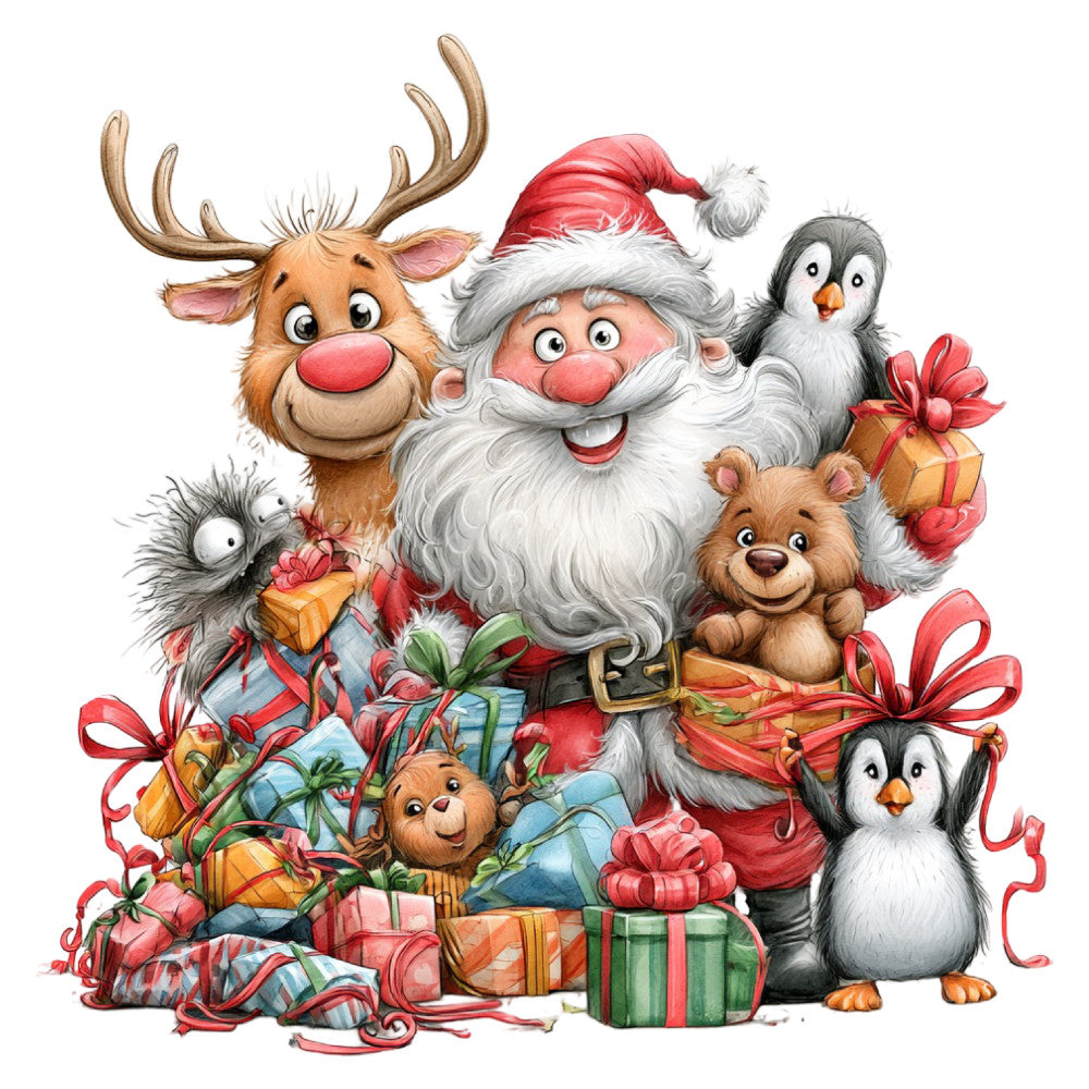 christmas, santa, reindeer, penguin, teddy bear, holiday, festive, red, white, gold, cream, whimsical, cute, playful, animals, gifts, presents, ribbons, bows, winter, seasonal, children's, cheerful, jolly, family-friendly, decorative, traditional christmas, illustrated, cartoon style, red and white