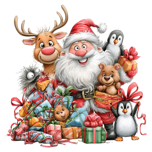 christmas, santa, reindeer, penguin, teddy bear, holiday, festive, red, white, gold, cream, whimsical, cute, playful, animals, gifts, presents, ribbons, bows, winter, seasonal, children's, cheerful, jolly, family-friendly, decorative, traditional christmas, illustrated, cartoon style, red and white