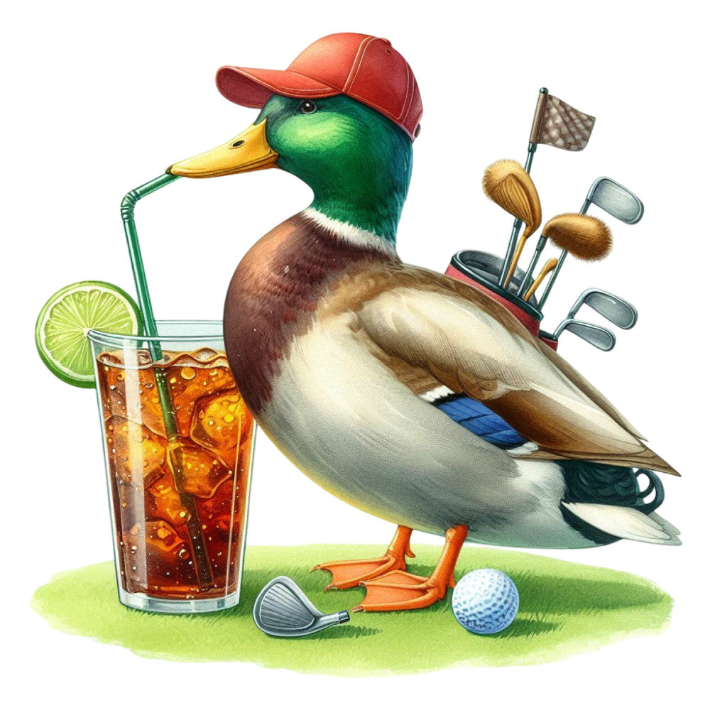 duck, golf, sports, animals, whimsical, humorous, funny, lime green, forest green, rust orange, coral orange, cream, tan, brown, burgundy, red cap, beverage, cocktail, tropical, summer, leisure, recreational, playful, retro, vintage, novelty, multi-color, illustrated, lifestyle