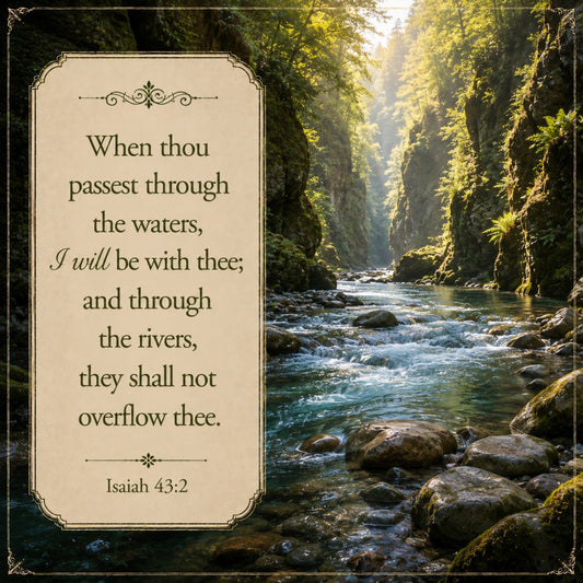 forest green, cream, moss green, aqua blue, river blue, nature, water, landscape, scripture, inspirational, religious, biblical quote, trees, rocks, stream, flowing water, canyon, woodland, scenic, peaceful, calming, traditional, elegant, spiritual, comfort, encouragement, Isaiah 43:2, evergreen, lush foliage