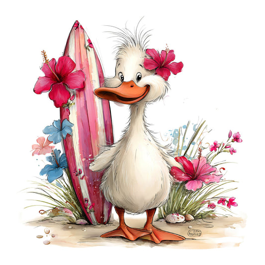 duck, white duck, hot pink, coral pink, blue flowers, pink flowers, floral, whimsical, cute animals, beach theme, surfboard, tropical, spring, summer, nature, playful, children's, kid-friendly, nursery, baby quilt, wall hanging, hibiscus, dahlia, decorative birds, watercolor style, cheerful, vibrant colors, seaside, coastal theme, fun prints
