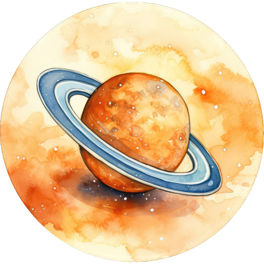 planet with rings, saturn, space, celestial, astronomy, watercolor, orange, rust orange, burnt orange, cream, pale yellow, navy blue, light blue, abstract watercolor, whimsical, dreamy, cosmic, galactic, nature inspired, modern art, wall hanging, home decor, decorative panel, children's fabric, educational theme, science theme, outer space, planetary, gradient background, artistic illustration