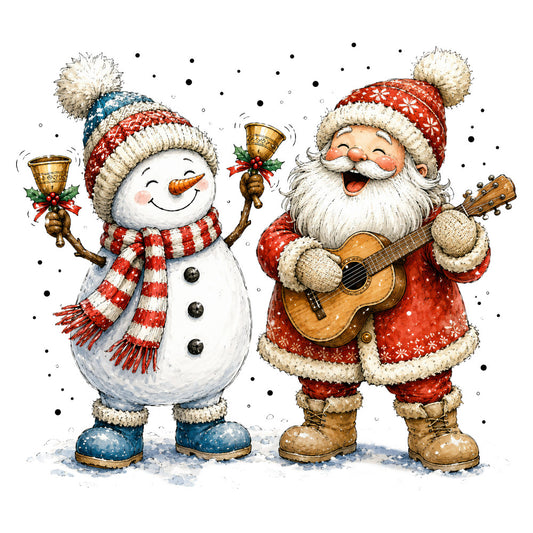 christmas, holiday, santa, snowman, festive, red and white, cream, gold, winter, snow, jolly, whimsical, nostalgic, vintage, traditional, cheerful, bells, guitar, striped, knit pattern, boots, carrot nose, bearded, children's, seasonal, decorative, magical, merry, celebration, family-friendly