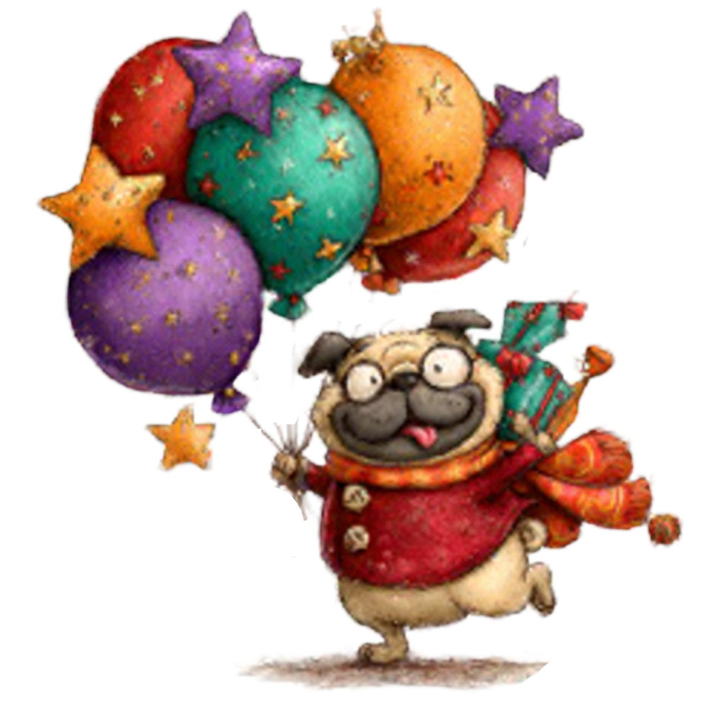 pug, balloons, stars, celebration, festive, whimsical, children's, party, colorful, red, purple, orange, green, gold accents, playful, cheerful, animal print, dog, gift wrapped, holiday, birthday, nursery, baby, fun, jubilant, bright, multi-colored, character panel