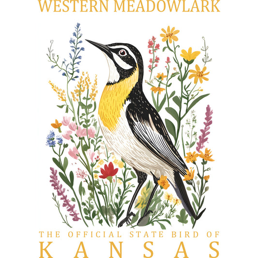 western meadowlark, kansas state bird, yellow breast, black markings, white belly, wildflowers, prairie flowers, botanical illustration, nature scene, bird panel, quilting fabric, cotton panel, spring meadow, colorful florals, pink flowers, blue flowers, orange blooms, green foliage, wildlife art, fabric square