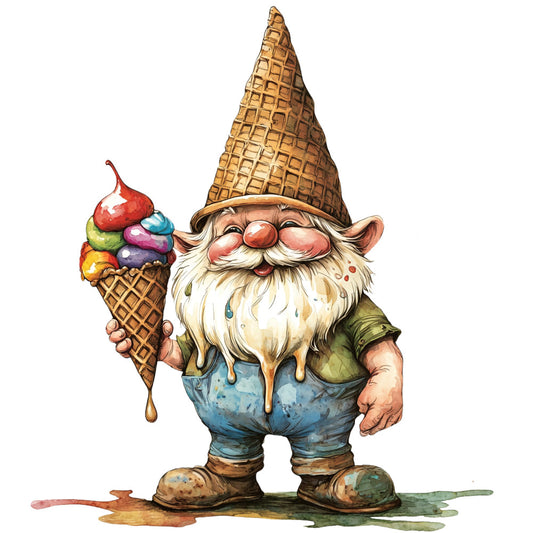 gnome, ice cream cone, waffle cone, garden gnome, whimsical, fantasy, storybook, fairy tale, children's, playful, colorful, cream, tan, beige, blue, green, olive green, red, yellow, purple, multi-color, character design, illustration, cute, whimsy, summer, dessert, food themed, novelty, kids