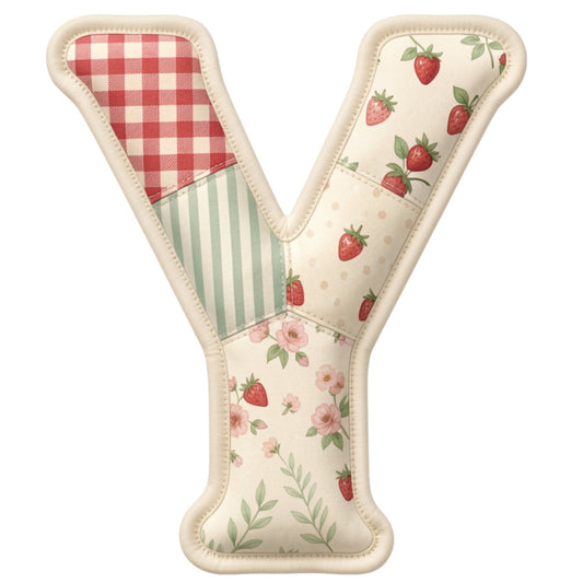 cream, red, sage green, strawberry, gingham, floral, striped, vintage, farmhouse, rustic, cottage core, strawberry print, rose flowers, patchwork, spring, summer, quilt panel, alphabet letter, botanical, garden, pastoral, country, traditional, whimsical, nature-inspired, berry theme, floral motif, pastoral print, decorative letter
