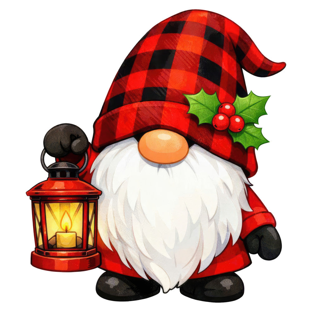red, black, white, cream, orange, forest green, buffalo plaid, checkered, gingham, holiday, christmas, gnome, santa, winter, festive, whimsical, rustic, traditional, lantern, candle, holly, berries, bearded gnome, scandinavian, nordic, cozy, seasonal, decorative panel, wall hanging, christmas quilt