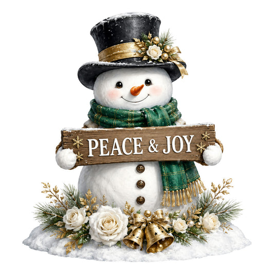 snowman, christmas, holiday, winter, peace and joy, forest green, cream, white, gold, black, elegant, whimsical, festive, plaid, floral, roses, bells, top hat, scarf, rustic, traditional, seasonal, winter decoration, christmas decoration, snow scene, botanical, vintage, formal wear, luxury, cream roses