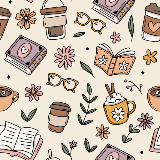 Boho Coffee and Books Pattern 1 Quilting Cotton Fabric