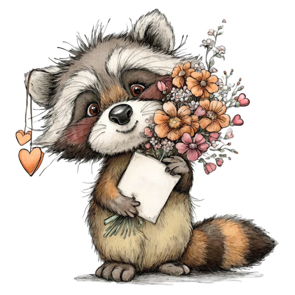 raccoon, woodland animals, forest creatures, floral, flowers, daisy, orange flowers, pink flowers, hearts, love, cute animals, whimsical, playful, nature, animal illustration, spring, summer, baby, nursery, children's, charming, sweet, love letters, bouquet, botanical, decorative, wall hanging, quilt panel, cream, tan