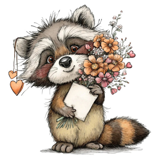 raccoon, woodland animals, forest creatures, floral, flowers, daisy, orange flowers, pink flowers, hearts, love, cute animals, whimsical, playful, nature, animal illustration, spring, summer, baby, nursery, children's, charming, sweet, love letters, bouquet, botanical, decorative, wall hanging, quilt panel, cream, tan