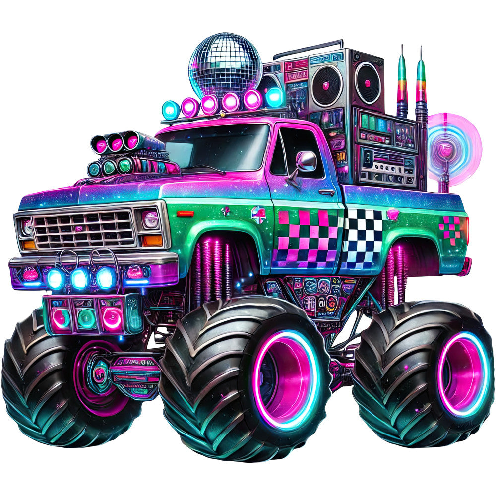 neon pink, cyan blue, magenta, electric green, checkered pattern, geometric, retro, 80s, 90s, music themed, disco ball, boombox, monster truck, lowrider, neon lights, glow effect, urban, hip hop, party, bold colors, novelty, funky, playful, vibrant, statement piece, contemporary, pop culture, music festival