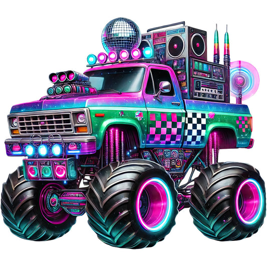 neon pink, cyan blue, magenta, electric green, checkered pattern, geometric, retro, 80s, 90s, music themed, disco ball, boombox, monster truck, lowrider, neon lights, glow effect, urban, hip hop, party, bold colors, novelty, funky, playful, vibrant, statement piece, contemporary, pop culture, music festival