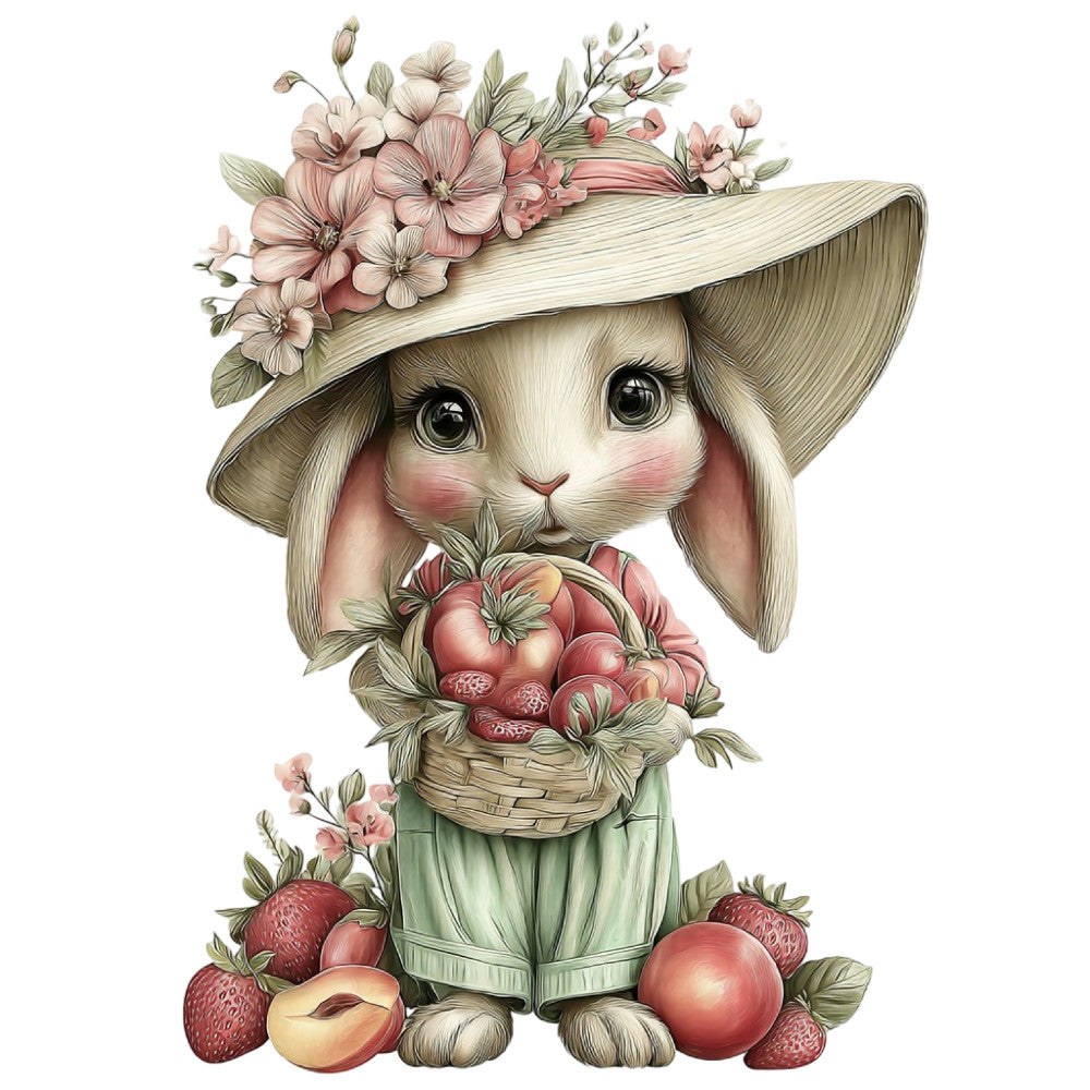 cute bunny, rabbit, floral, spring, pastel colors, cream white, dusty rose, coral pink, sage green, blush pink, whimsical, adorable animals, easter, nature, botanical, flowers, strawberries, fruit, vintage style, storybook, children's fabric, nursery, baby quilt, girl's quilt, charming, sweet, delicate florals, garden theme, countryside, farmhouse