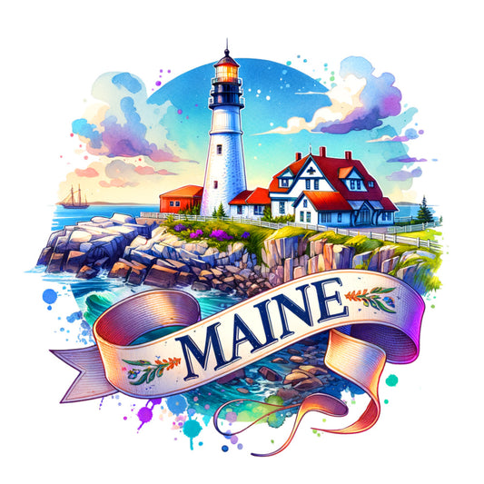 US States Retro Travel Fabric Panel 47 featuring a vibrant Maine lighthouse scene on premium quilting cotton fabric.
