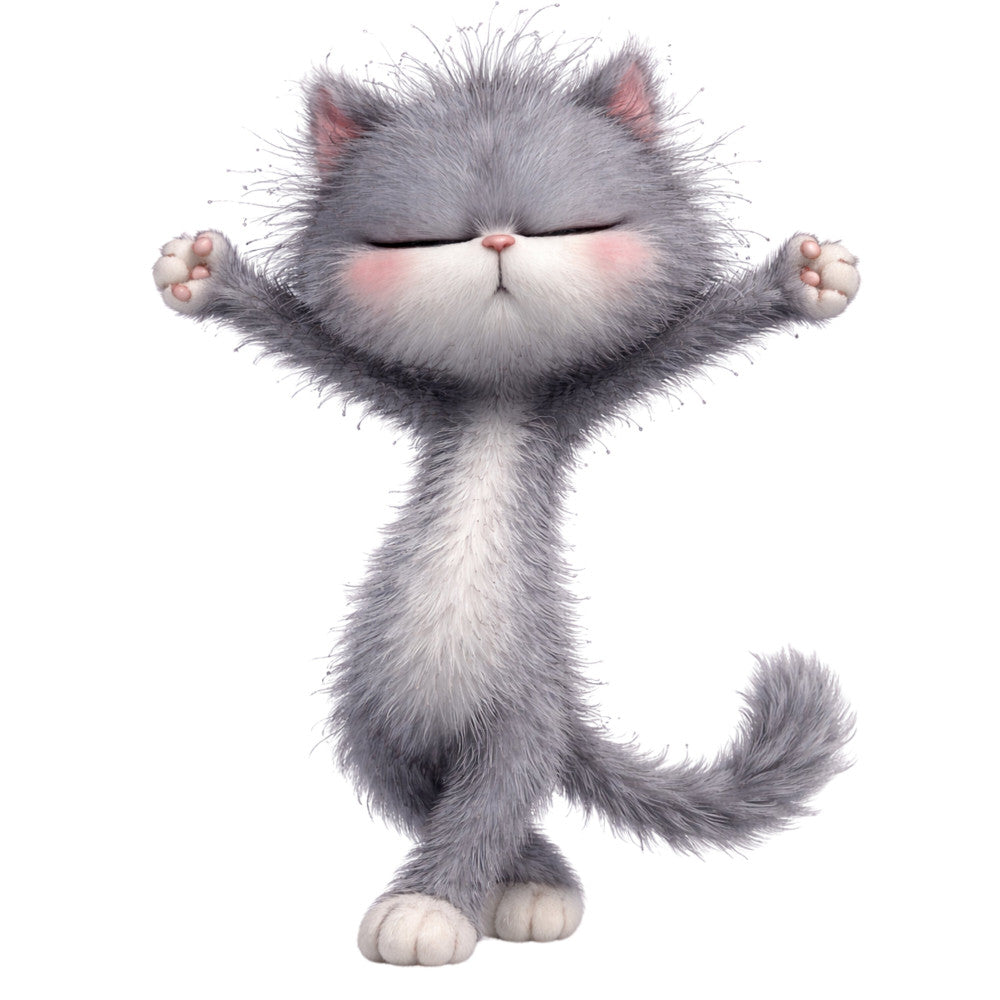 gray cat, fluffy cat, cute cat, whimsical cat, playful cat, stretching cat, gray and white, soft gray, pale gray, pink nose, pink ears, animal print, cat motif, children's fabric, kid's fabric, novelty print, cartoon cat, character fabric, fun and playful, modern whimsical, contemporary style, baby fabric, nursery print, pet lover, cat lover, cheerful design