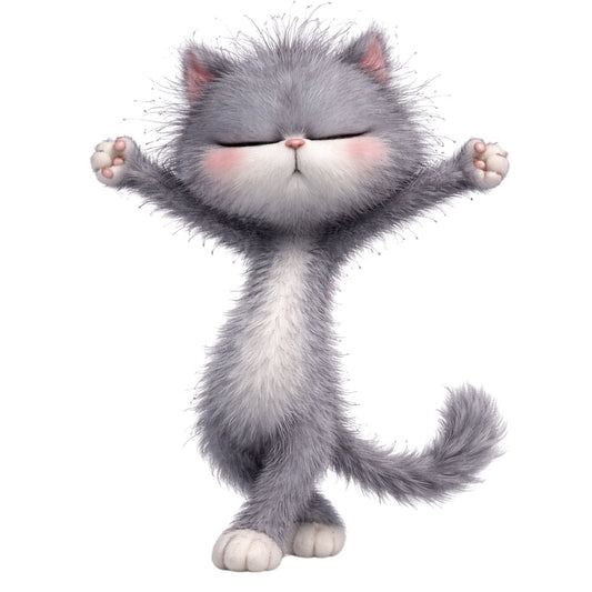 gray cat, fluffy cat, cute cat, whimsical cat, playful cat, stretching cat, gray and white, soft gray, pale gray, pink nose, pink ears, animal print, cat motif, children's fabric, kid's fabric, novelty print, cartoon cat, character fabric, fun and playful, modern whimsical, contemporary style, baby fabric, nursery print, pet lover, cat lover, cheerful design