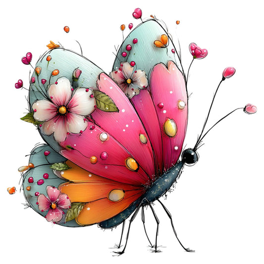 butterfly, whimsical, floral, nature, colorful, spring, summer, pink, coral pink, magenta, orange, turquoise, sage green, cream, multicolor, flowers, cosmos, daisies, botanical, insects, vibrant, playful, contemporary, decorative, illustration, artistic, fantasy, garden theme, bright, cheerful