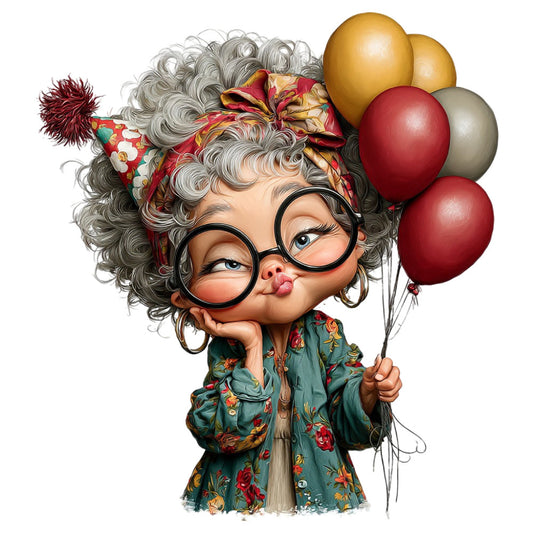 whimsical, vintage character, grey hair, eyeglasses, balloon, celebration, playful, retro style, floral print, teal green, burgundy red, gold balloons, festive, cheerful, grandmother character, fun-loving, colorful florals, vintage fashion, quirky character, birthday party, joy and happiness, nostalgic, character panel, whimsical illustration, vibrant colors, red floral jacket, pom-pom accessory, playful expression, spring florals, cheerful design