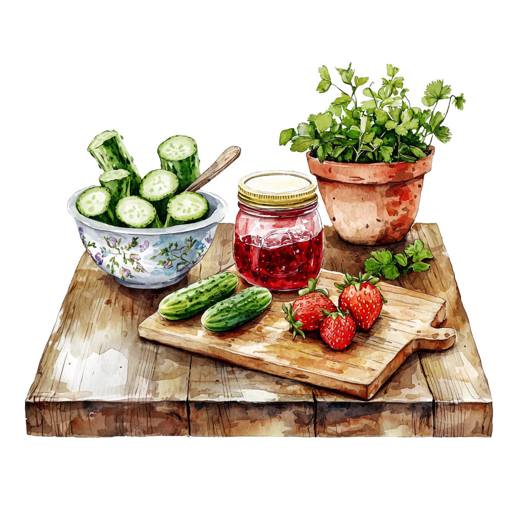 fabric panel, country kitchen, watercolor style, rustic wooden table, sliced cucumbers, floral bowl, strawberry jam, mason jar, fresh strawberries, potted herbs, terracotta pot, cutting board, green vegetables, red strawberries, brown wood grain, botanical illustration, kitchen scene, quilting cotton, craft panel, farmhouse style