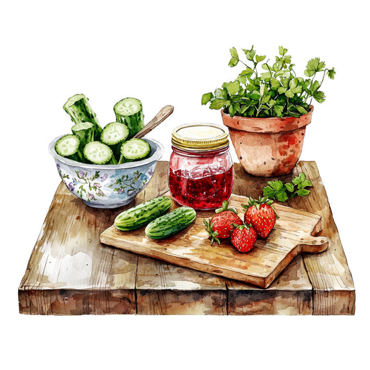 fabric panel, country kitchen, watercolor style, rustic wooden table, sliced cucumbers, floral bowl, strawberry jam, mason jar, fresh strawberries, potted herbs, terracotta pot, cutting board, green vegetables, red strawberries, brown wood grain, botanical illustration, kitchen scene, quilting cotton, craft panel, farmhouse style