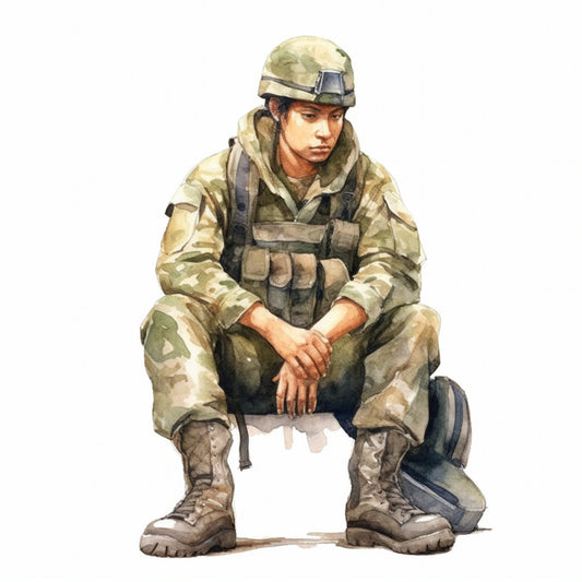 military, soldier, camouflage, desert camo, tan, khaki, olive green, sage green, cream, beige, brown, portrait, figurative, realistic, contemporary, patriotic, armed forces, veteran, service, courage, strength, contemplative, modern, hero, uniform, boots, helmet, tactical gear, men's theme, serious